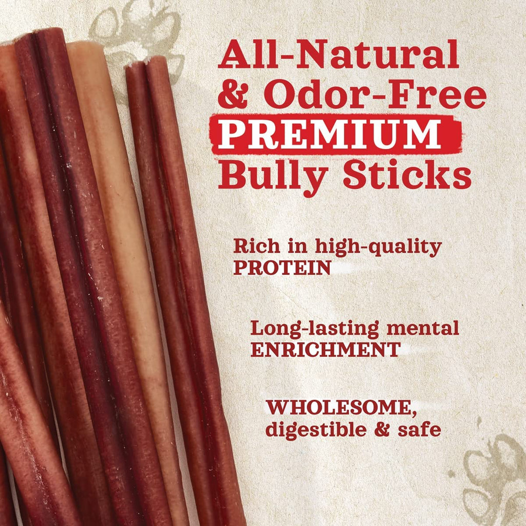 Bully Sticks, Odor-Free, (6 Inch, 12 Ounces), Packaged by Weight, 100% Beef Pizzle Chews, Grass-Fed, Fully Digestible Treats to Keep Your Puppies, Small and Medium Dogs Busy