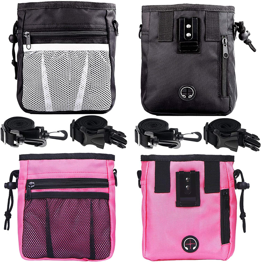 2 Pack Dog Treat Pouch, Dog Training Treat Pouch with Waist Shoulder Strap, 3 Ways to Wear, Easily Carries Toys, Kibble, Treats for Dog Walking, Dog Training, Puppy Training (Black and Pink)