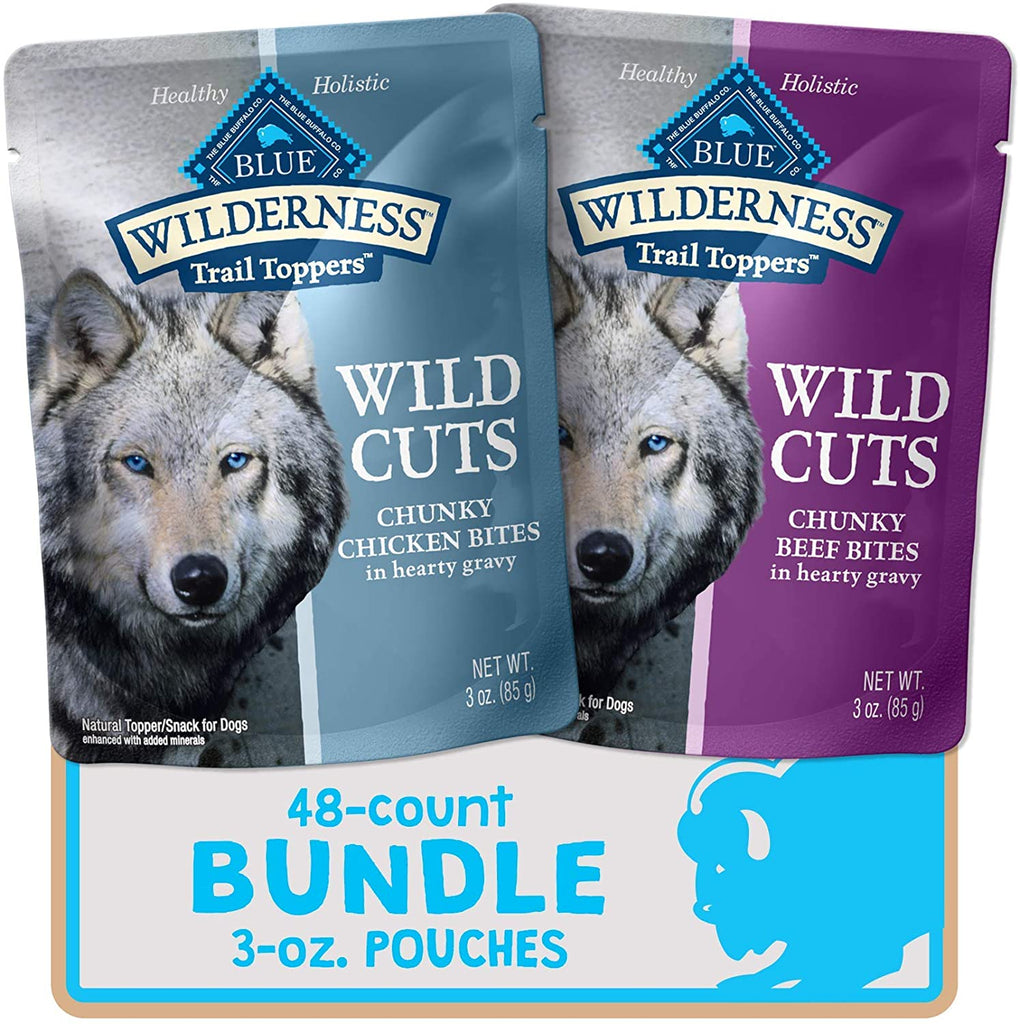 Wilderness Trail Toppers Wild Cuts High Protein, Natural Wet Dog Food, Chicken and Beef Bites, 3-Oz Pouch, (48 Count- 24 of Each Flavor)
