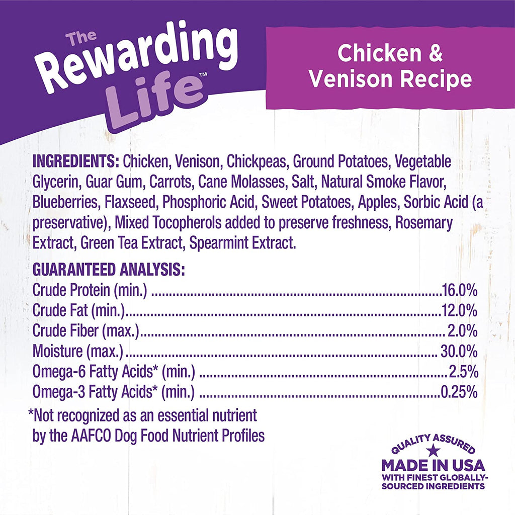 Wellness Rewarding Life Grain-Free Soft Dog Treats (Previously Wellbites), Made in USA with Natural Ingredients, Ideal for Training (Chicken & Venison Recipe, 6-Ounce Bag)
