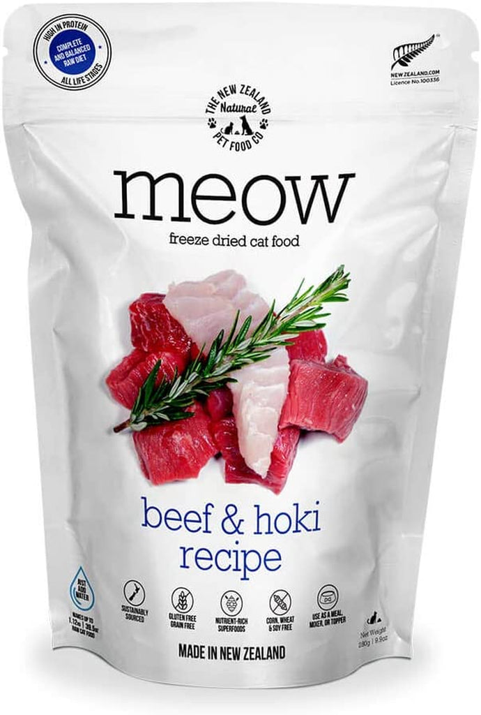 Meow Beef & Hoki Freeze Dried Raw Cat Food, Mixer, or Topper, or Treat - High Protein, Natural, Limited Ingredient Recipe 9.9 Oz