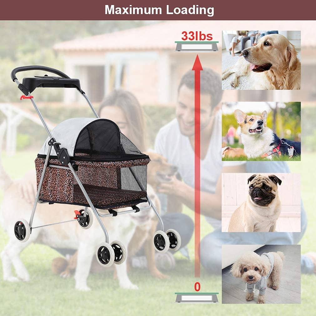 Cat Stroller Dog Stroller for Small Cats and Dogs, Pet Stroller for Cats No Escape,Dog Cage Stroller Carrier Strolling Cart Travel Folding Carrier with Cup Holder,Leopard Skin