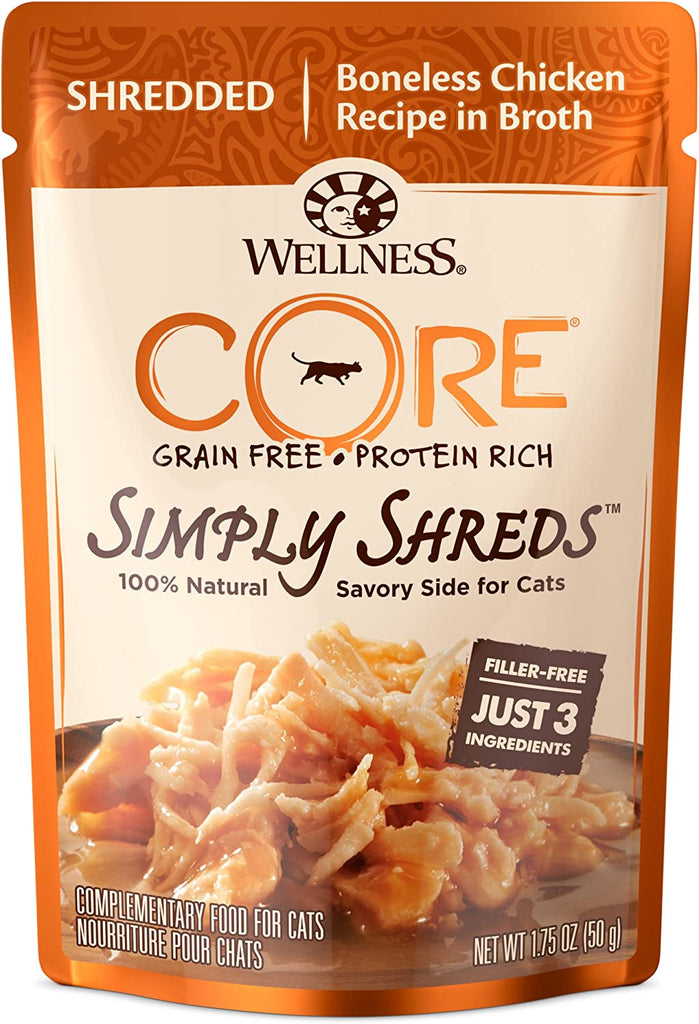 Wellness CORE Simply Shreds Natural Grain Free Wet Cat Food Mixer or Topper, Shredded Chicken Broth in Broth, 1.75-Ounce Pouch )Pack of 12)
