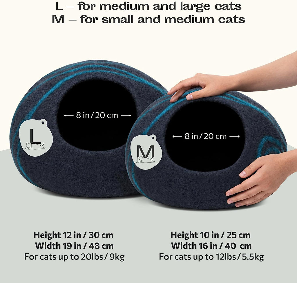Premium Felt Cat Bed Cave - Handmade 100% Merino Wool Bed for Cats and Kittens (Dark Shades) (Large, Black Aqua)