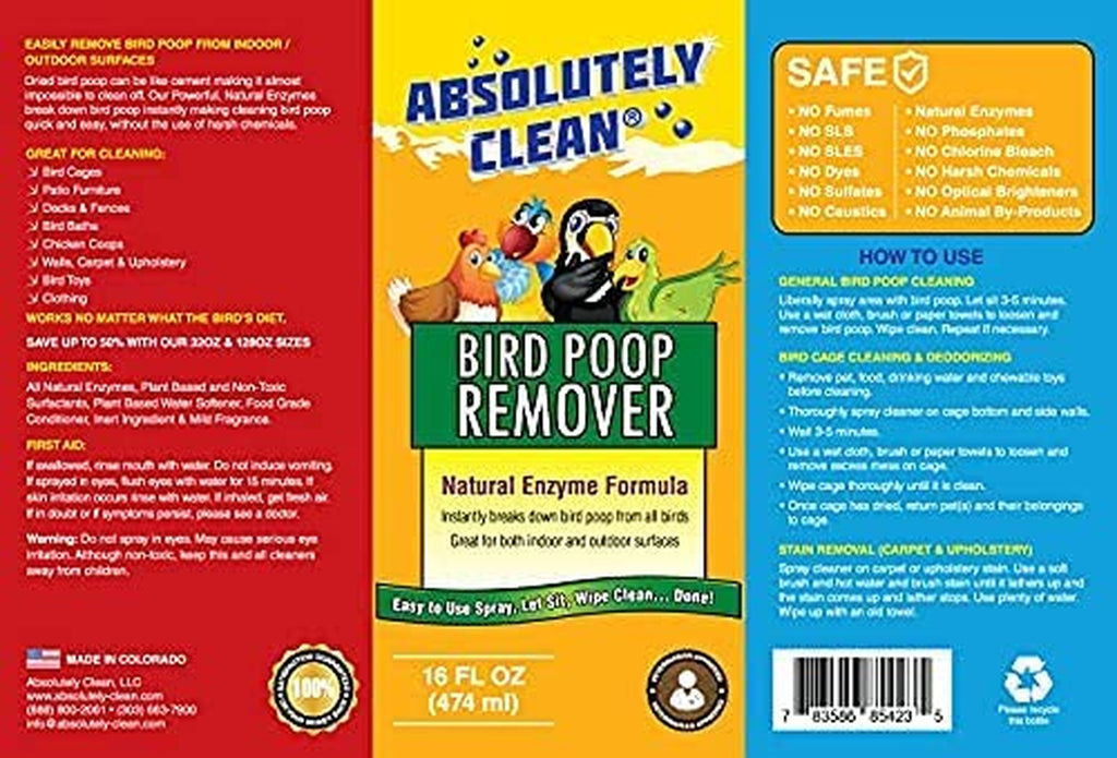 Amazing Bird Poop Cleaner Spray - Just Spray/Wipe - Safely & Easily Removes Bird Messes - Use Indoor/Outdoor - Made in the USA