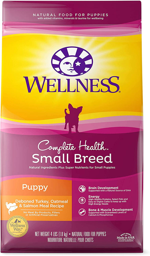 Wellness Complete Health Small Breed Dry Dog Food with Grains, Natural Ingredients, Made in USA with Real Turkey, for Dogs up to 25 Lbs. (Puppy, Turkey, Salmon & Oatmeal, 4-Pound Bag)