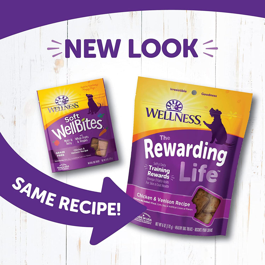 Wellness Rewarding Life Grain-Free Soft Dog Treats (Previously Wellbites), Made in USA with Natural Ingredients, Ideal for Training (Chicken & Venison Recipe, 6-Ounce Bag)