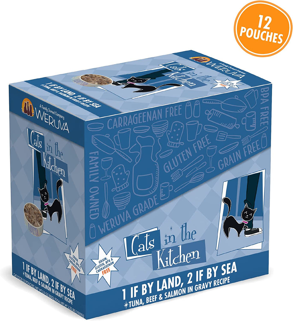 Cats in the Kitchen, 1 If by Land, 2 If by Sea with Tuna, Beef & Salmon in Gravy Cat Food, 3Oz Pouch (Pack of 12)