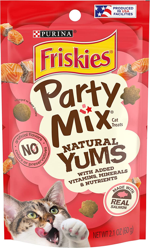 Purina Friskies Natural Cat Treats, Party Mix Natural Yums with Real Salmon and Vitamins, Minerals & Nutrients - (10) 2.1 Oz. Pouches