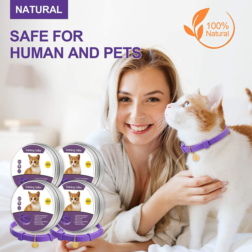 4 Pcs Calming Cats Collar Adjustable Cat Calm Collar Lavender Scent Relaxing Cat Collar with 2 Pendant for Puppies Cats Reduce Stress Aggression Anxious, up to 15 Inches (Purple, Gold)