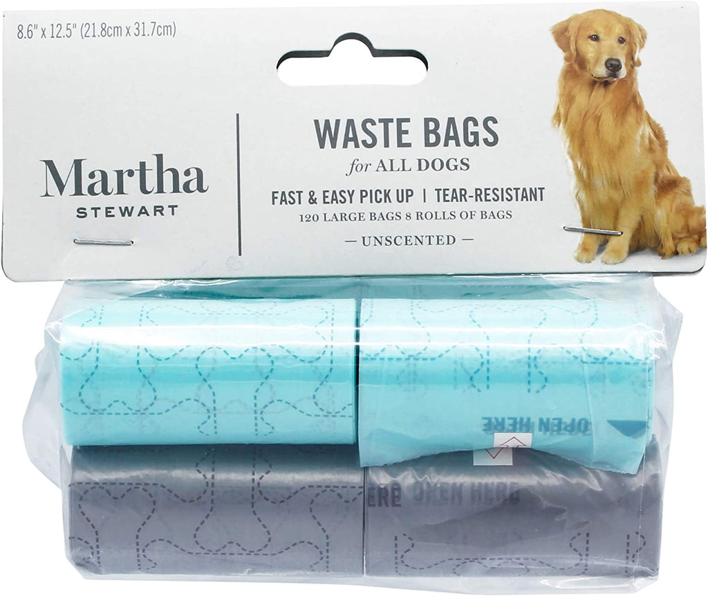 Martha Stewart for Pets Poop Waste Bags | 120 Large Unscented Doggie Bags for a Quick Cleanup | Tear-Resistant Dog Waste Bags, Great for Dog Walking Everyday Use | 8 Rolls
