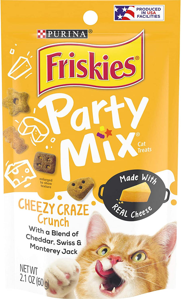 Purina Friskies Made in USA Facilities Cat Treats, Party Mix Cheezy Craze Crunch - (10) 2.1 Oz. Pouches