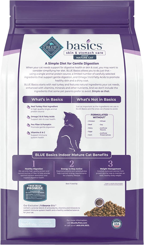 Blue Buffalo Basics Skin & Stomach Care Grain Free, Natural Indoor Mature Dry Cat Food, Turkey & Potato 5-Lb