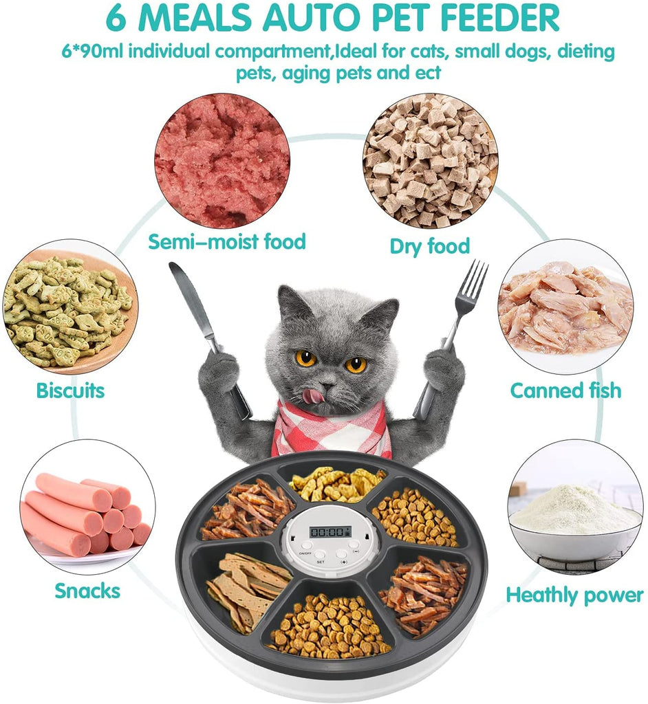 Automatic Cat Feeder, Auto Cat Food Dispenser - 6 Meals Pet Wet Food Dispenser for Small Dog with Programmable Timer Portion Control Timed Cat Feeder with Voice Reminder