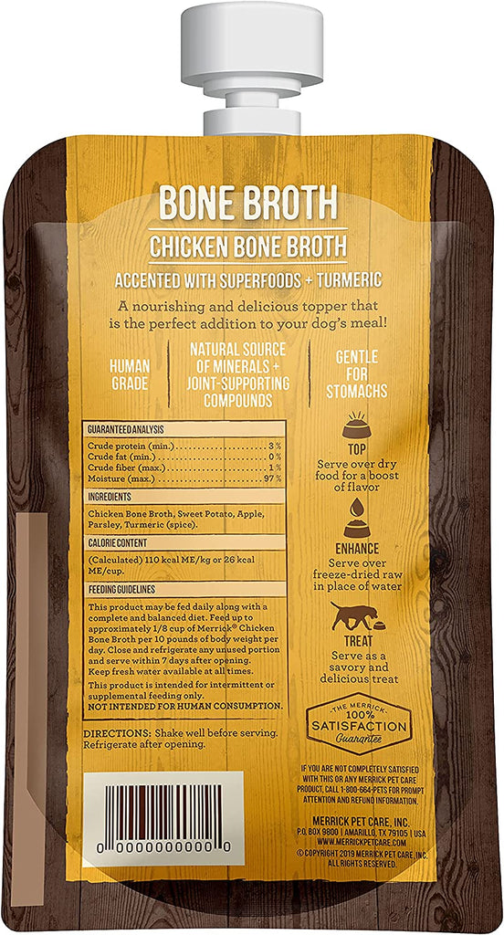 Merrick Grain Free Bone Broth Natural Meal Topper for Dogs, Accented with Superfoods & Cinnamon, for Adult Dogs of All Breeds (Chicken, 7 Ounce ,Pack of 3)