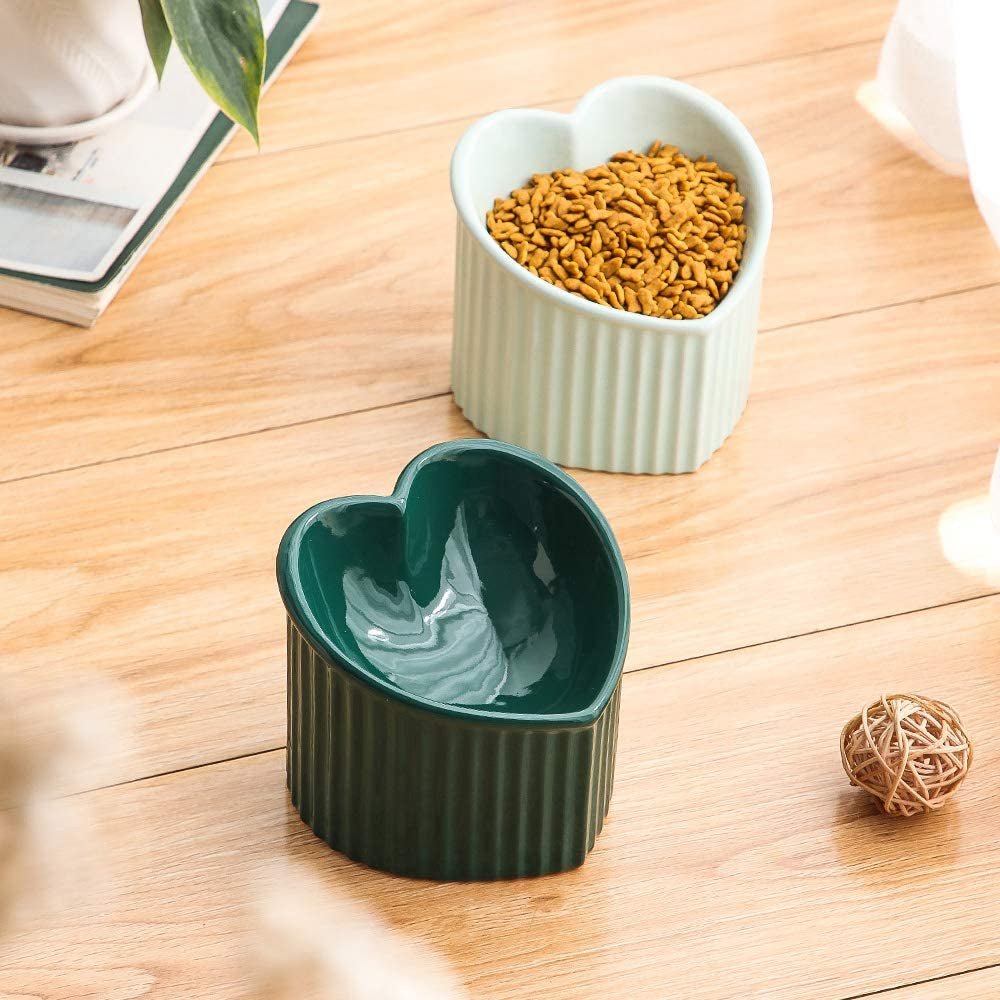 Dark Green Ceramic Raised Cat Bowls, Tilted Elevated Food or Water Bowls, Stress Free, Backflow Prevention, Dishwasher and Microwave Safe, Lead & Cadmium Free