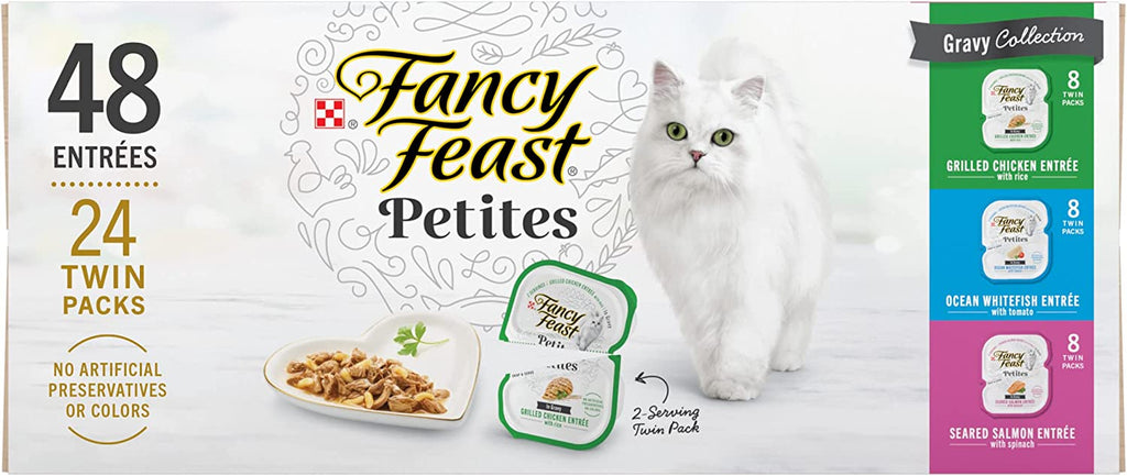 Purina Fancy Feast Gourmet Wet Cat Food Variety Pack, Petites Gravy Collection, Break-Apart Tubs, 48 Servings - (24) 2.8 Oz. Tubs