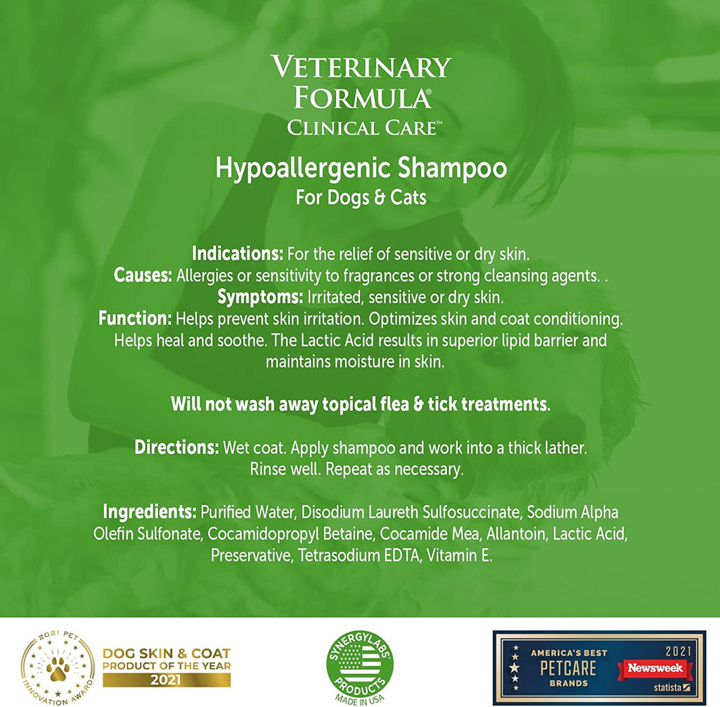 Veterinary Formula Clinical Care Hypoallergenic Shampoo for Dogs and Cats, 16 Oz – No Harsh Ingredients – Fragrance-Free Pet Shampoo for Allergies and Sensitive Skin, Promotes Healthy Skin and Coat