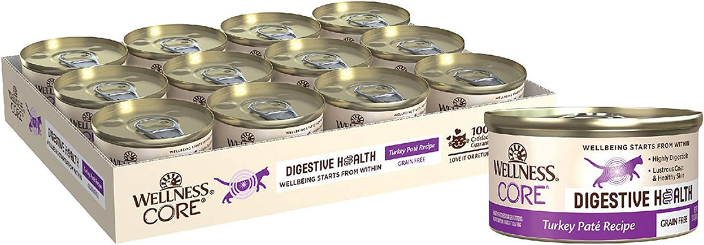 Wellness CORE Digestive Health Grain-Free Natural Wet Cat Food, Sensitive Stomach, Supports Healthy Digestion (Turkey Pate, 3 Ounce Can, 12 Pack)