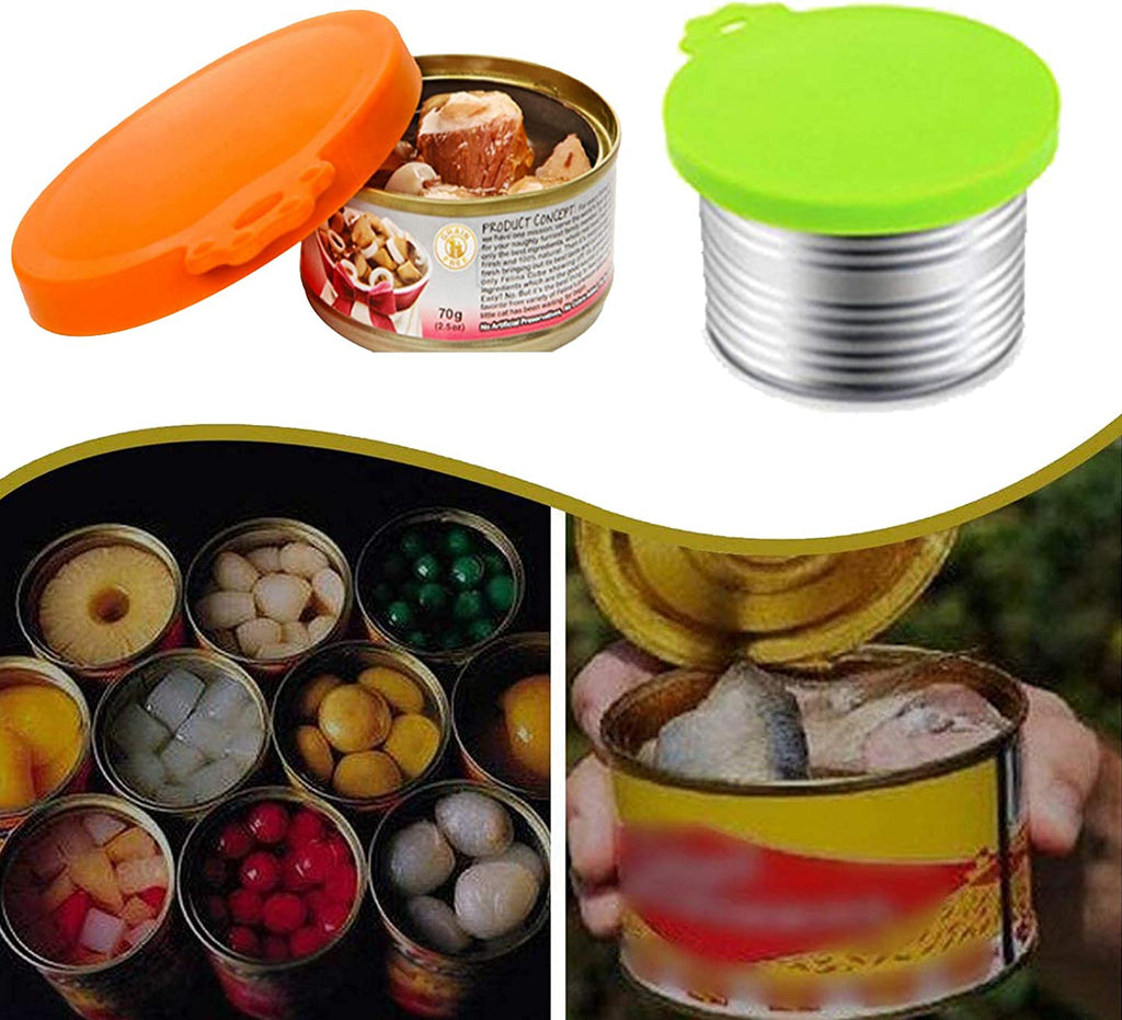 Can Cover Dog Food, 2 Pack Can Dog Food Lids, Universal Silicon Can Lid Fits Most Standard Size Dog and Cat Can Tops, with 2Pcs Stainless Steel Can Food Spoon (Green+Orange+Spoon)