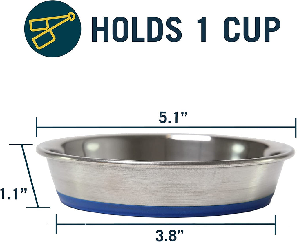 Our Pets Durapet Stainless Steel Non-Slip (Cat Food Bowl or Water Bowl) [Holds up to 1 Cup of Dry Cat Food or Wet Cat Food] Easy to Clean (Stainless Steel , 1 Cup)