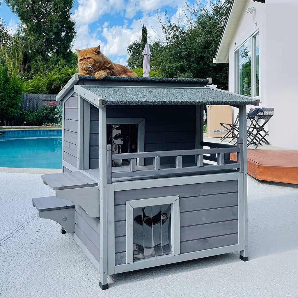 2 Story Cat House Enclosure with Large Balcony, Indoor Cat Condo Outdoor Cat Shelter, Wooden Kitty Home with PVC Door Strip