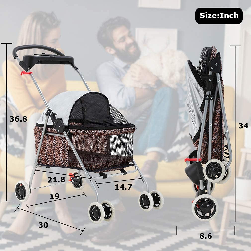 Cat Stroller Dog Stroller for Small Cats and Dogs, Pet Stroller for Cats No Escape,Dog Cage Stroller Carrier Strolling Cart Travel Folding Carrier with Cup Holder,Leopard Skin