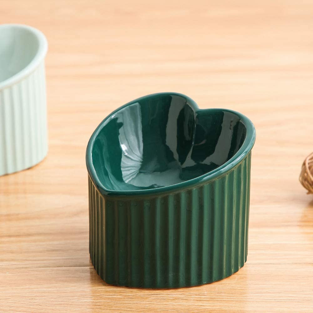 Dark Green Ceramic Raised Cat Bowls, Tilted Elevated Food or Water Bowls, Stress Free, Backflow Prevention, Dishwasher and Microwave Safe, Lead & Cadmium Free
