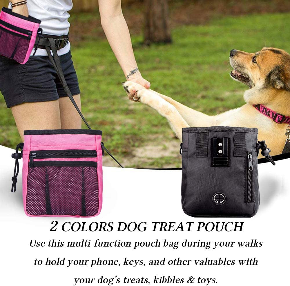 2 Pack Dog Treat Pouch, Dog Training Treat Pouch with Waist Shoulder Strap, 3 Ways to Wear, Easily Carries Toys, Kibble, Treats for Dog Walking, Dog Training, Puppy Training (Black and Pink)