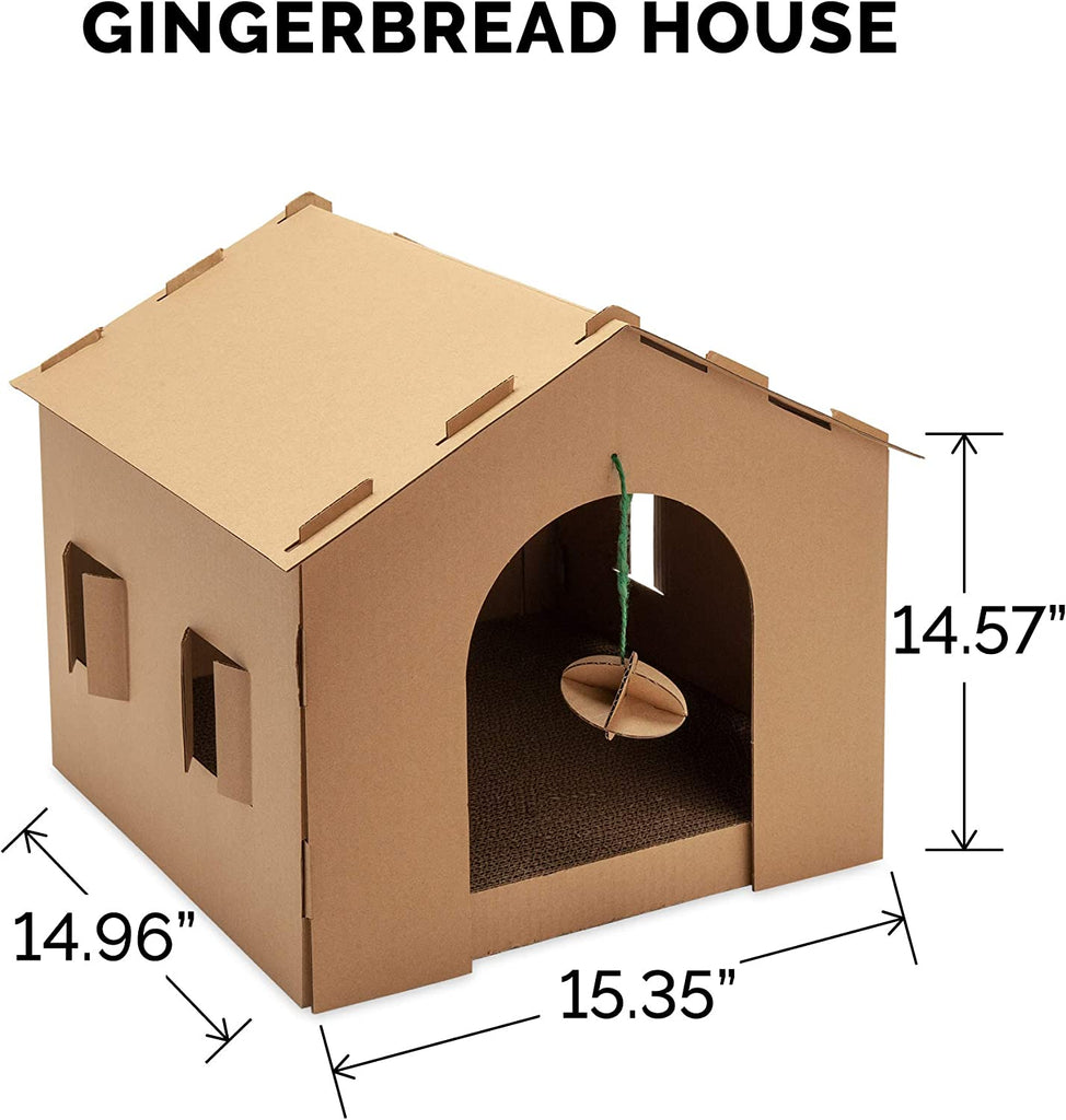 Furhaven Cardboard Cat House W/ Catnip for Indoor Cats, Ft. Scratching Pad & Hanging Toys - Gingerbread House Corrugated Cat Scratcher Hideout - Cardboard Brown, One Size