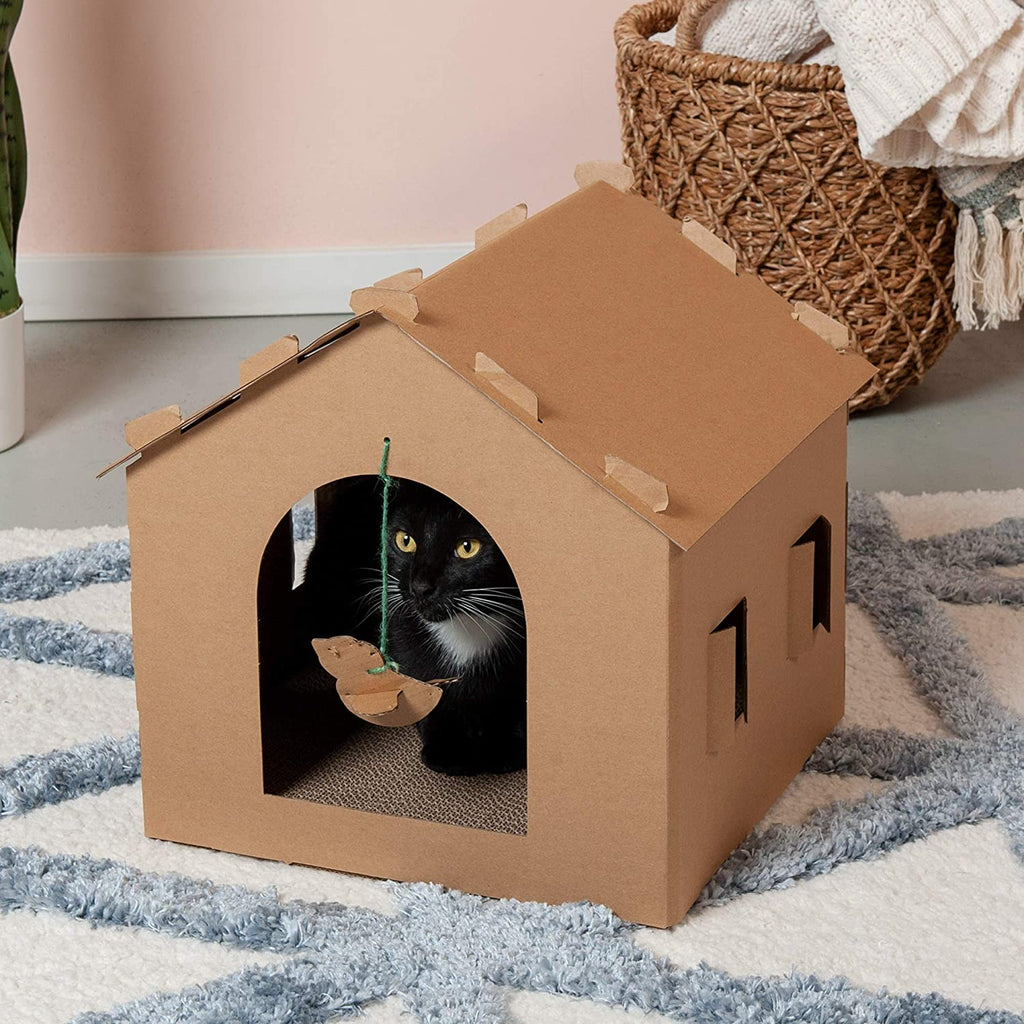 Furhaven Cardboard Cat House W/ Catnip for Indoor Cats, Ft. Scratching Pad & Hanging Toys - Gingerbread House Corrugated Cat Scratcher Hideout - Cardboard Brown, One Size