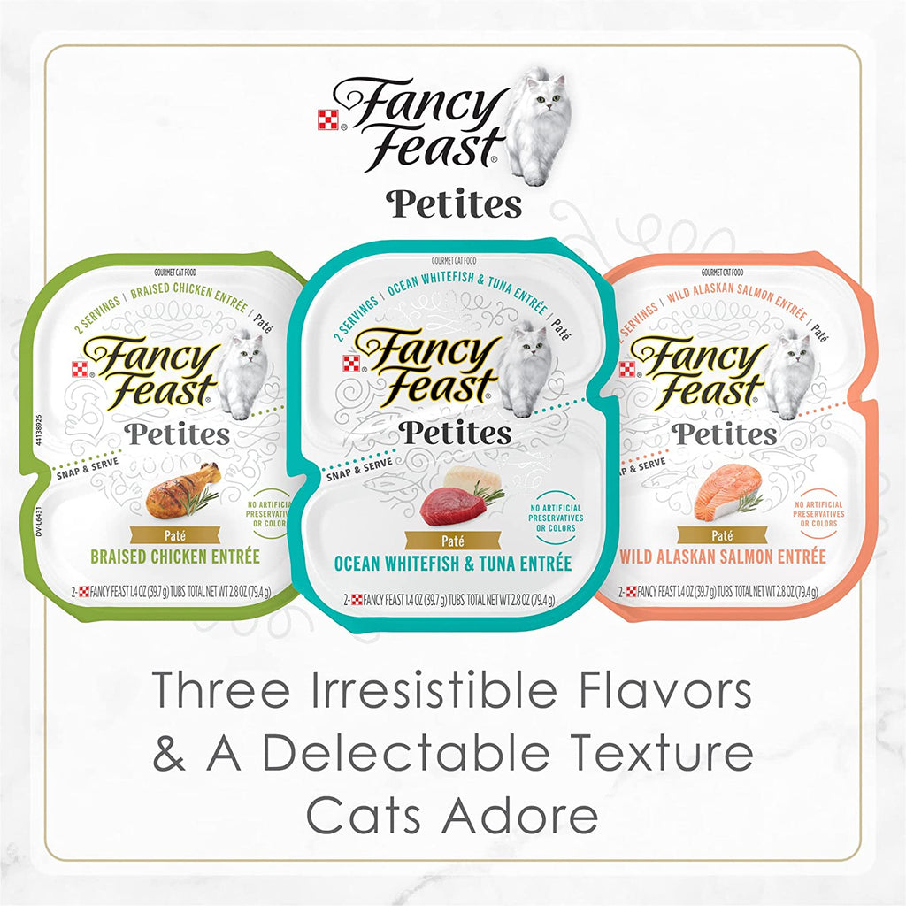 Purina Fancy Feast Gourmet Wet Cat Food Variety Pack, Petites Pate Collection, Break-Apart Tubs, 24 Servings - (12) 2.8 Oz. Tubs