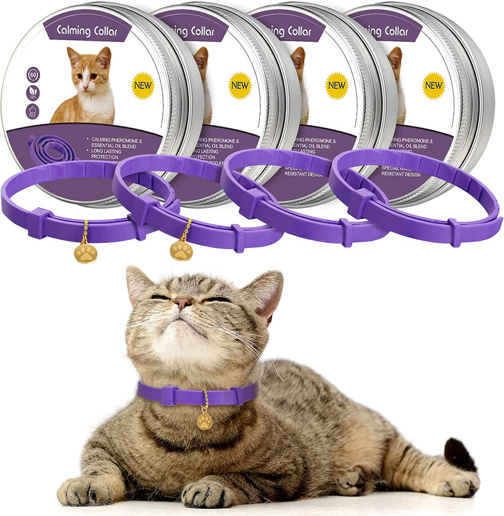 4 Pcs Calming Cats Collar Adjustable Cat Calm Collar Lavender Scent Relaxing Cat Collar with 2 Pendant for Puppies Cats Reduce Stress Aggression Anxious, up to 15 Inches (Purple, Gold)
