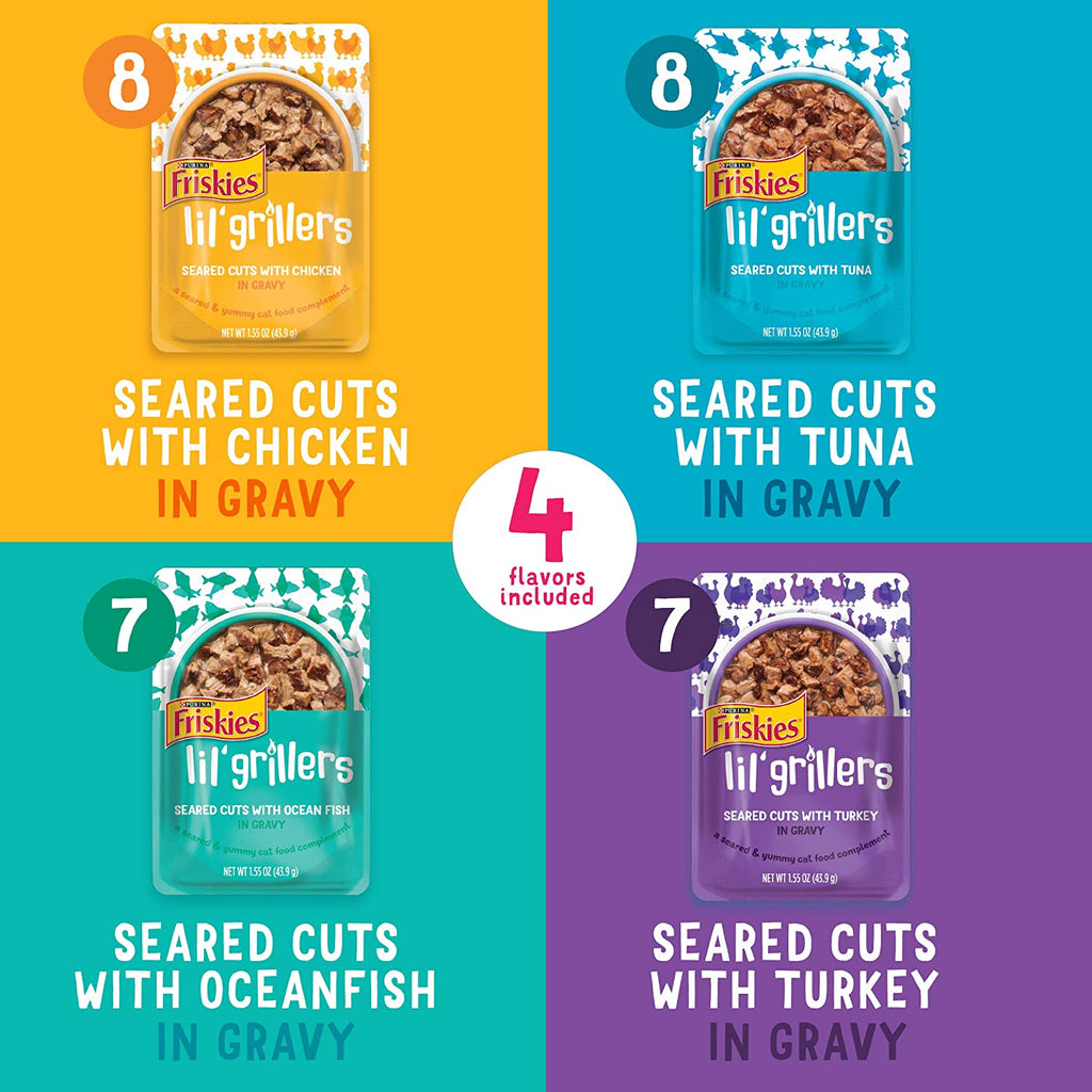 Purina Friskies Gravy Wet Cat Food Complement Variety Pack, Lil' Grillers Chicken, Turkey, Ocean Fish & Tuna - (30) 1.55 Oz. Pouches