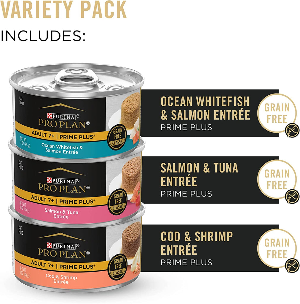 Purina Pro Plan Grain Free Senior Wet Cat Food Variety Pack Pate, SENIOR Seafood Favorites - (2 Packs of 12) 3 Oz. Cans